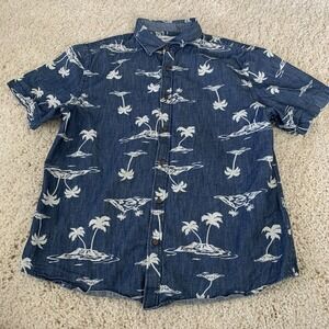 Old Navy Shirt Mens Blue Denim Palm Trees Slim Fit Size L Cotton Short Sleeve